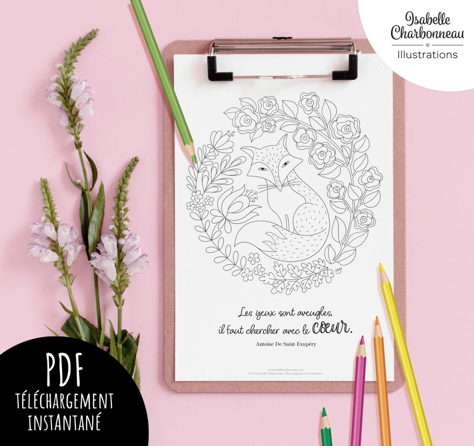 « Voir avec le cœur » – Coloriage poétique pour adultes, fichier à imprimer, pensée positive et moment relaxant pour femmes.