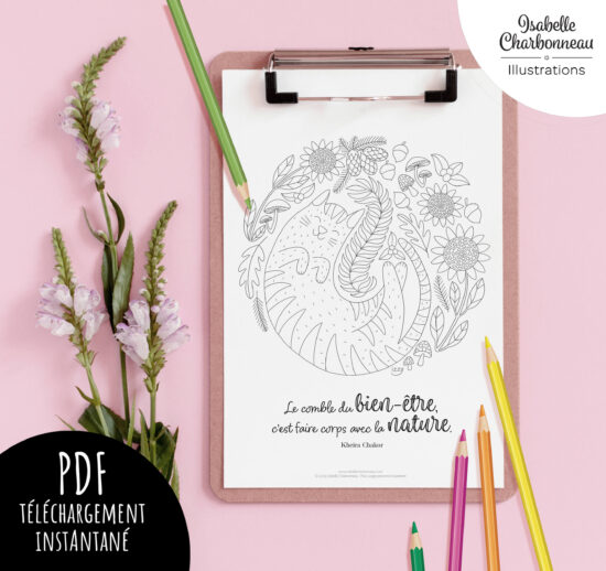 « Bien-être » – Coloriage nature et détente pour femmes, téléchargement instantané, activité créative et relaxante à la maison.