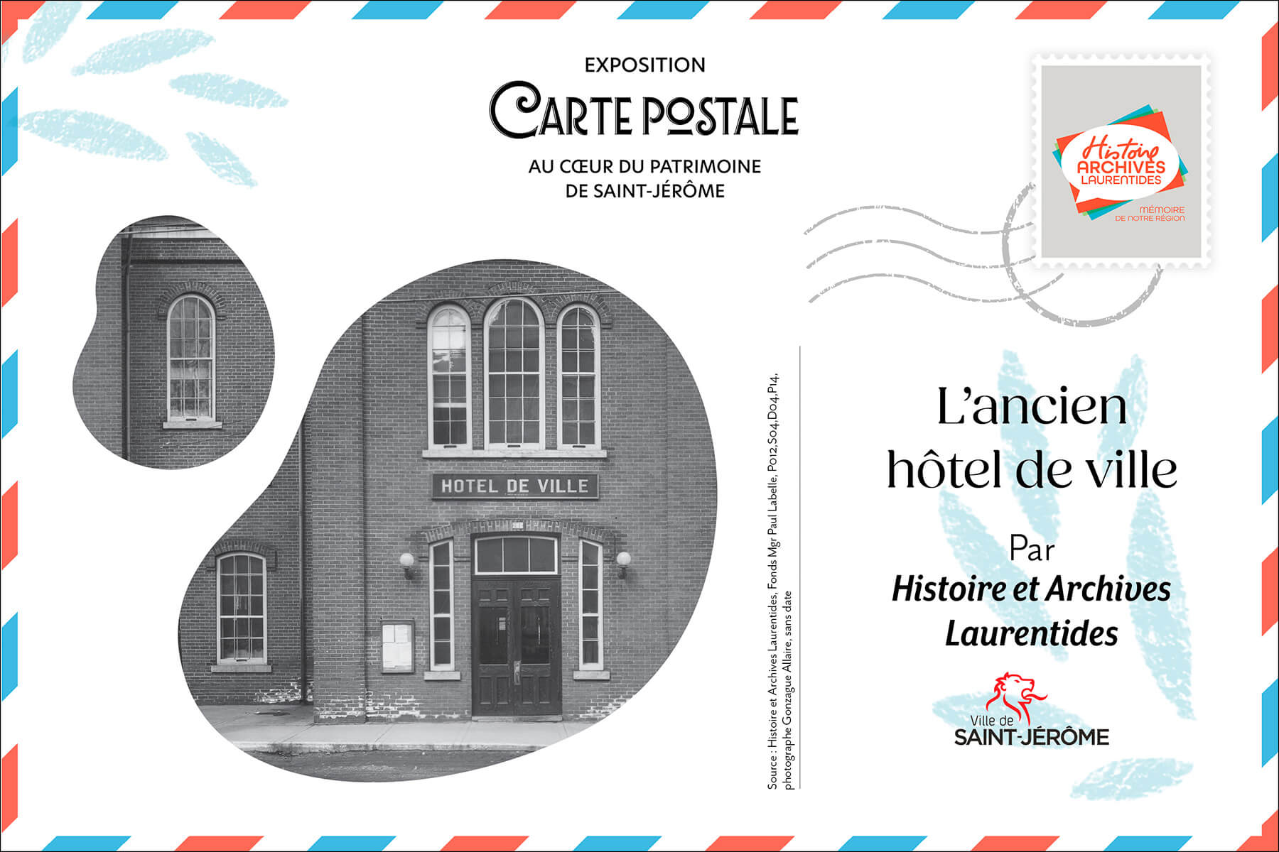 Carte postale illustrée de l'ancien hôtel de ville de Saint-Jérôme, bâtiment patrimonial du centre-ville.