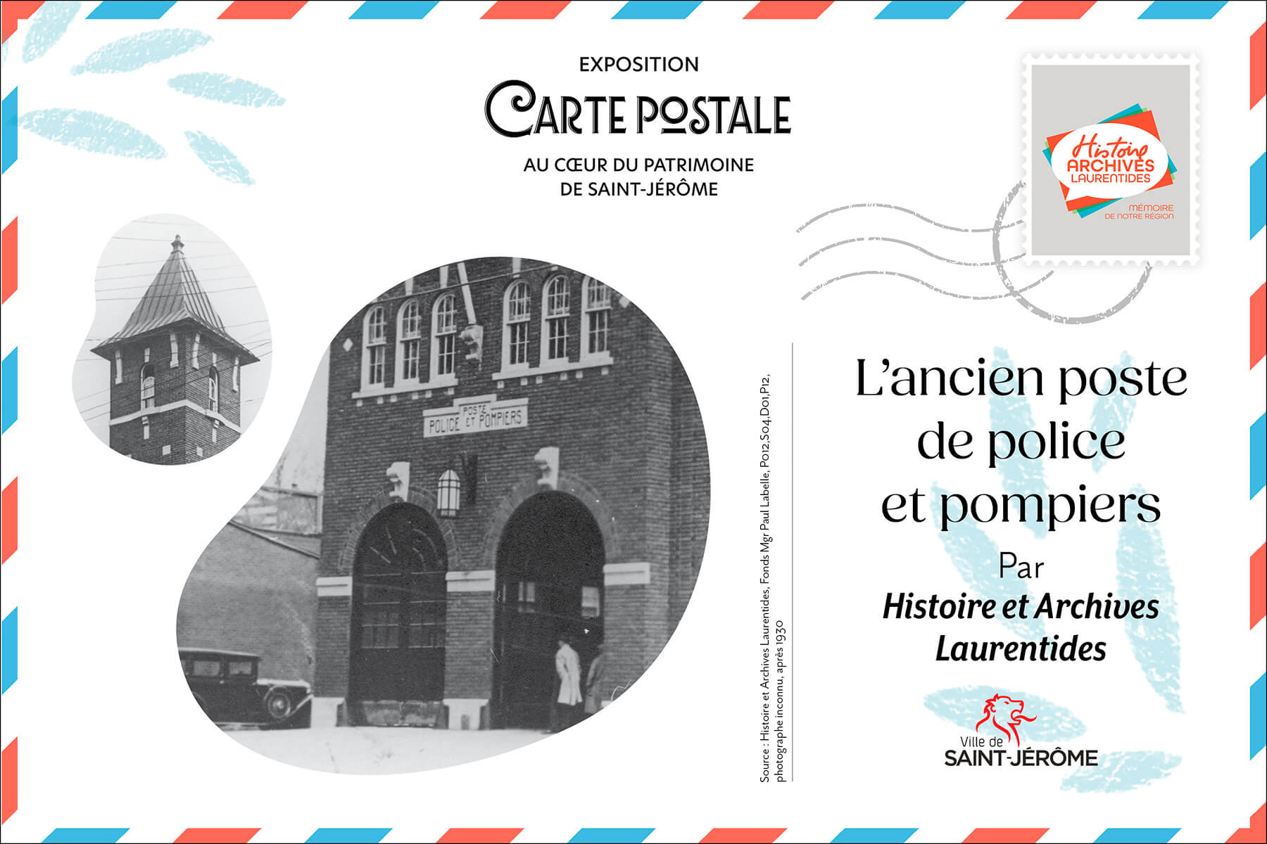 Carte postale illustrée de l'ancien poste de police et de pompiers de Saint-Jérôme.