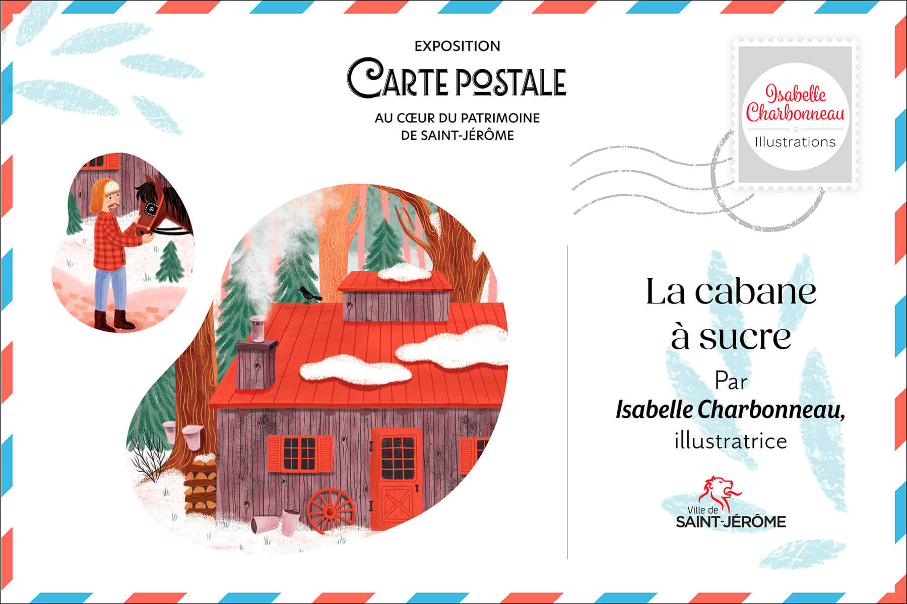 Carte postale illustrée de la cabane à sucre Bouvrette dans le secteur Saint-Antoine.