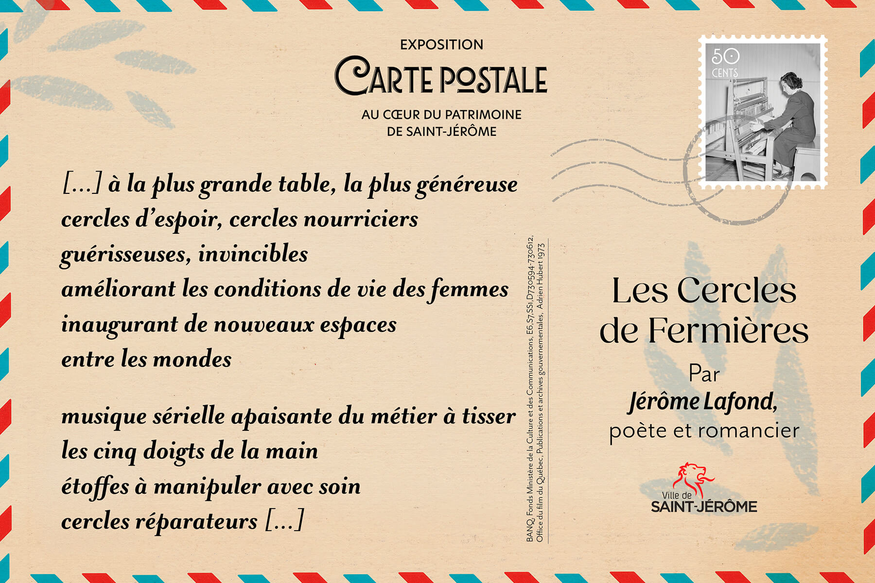 Carte postale illustrée des Cercles de Fermières de Saint-Jérôme et du patrimoine artisanal.