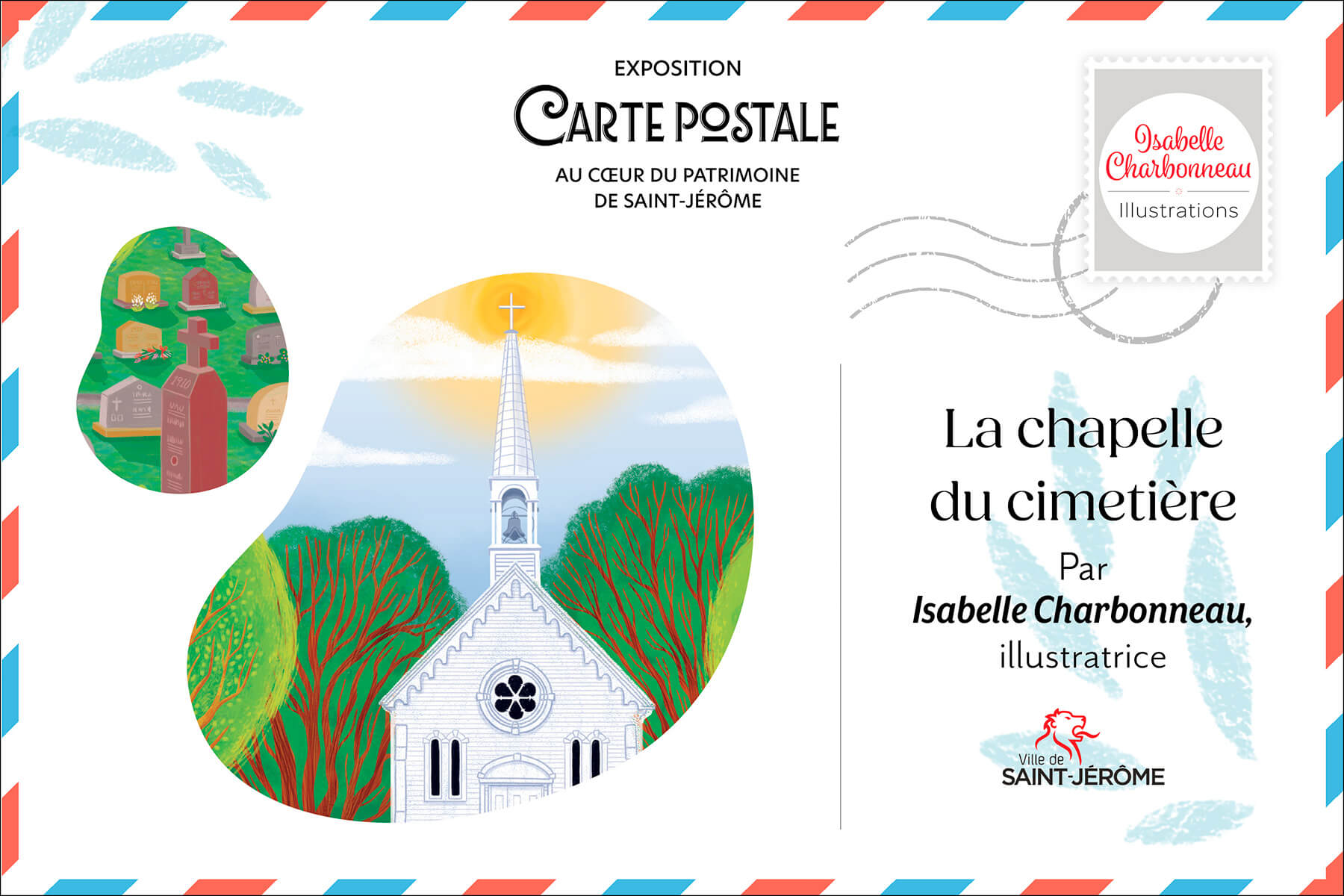 Carte postale illustrée de la chapelle du cimetière de Saint-Jérôme, lieu patrimonial et historique.