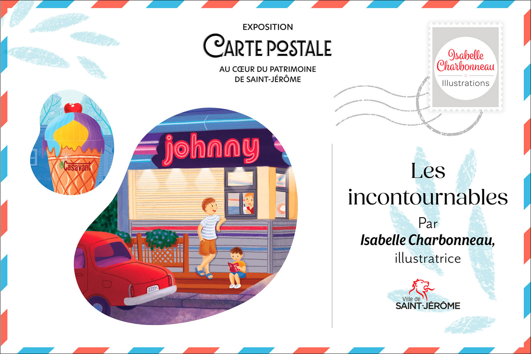 Carte postale illustrée des incontournables de Saint-Jérôme, incluant Chez Johnny et la crèmerie Lafontaine.