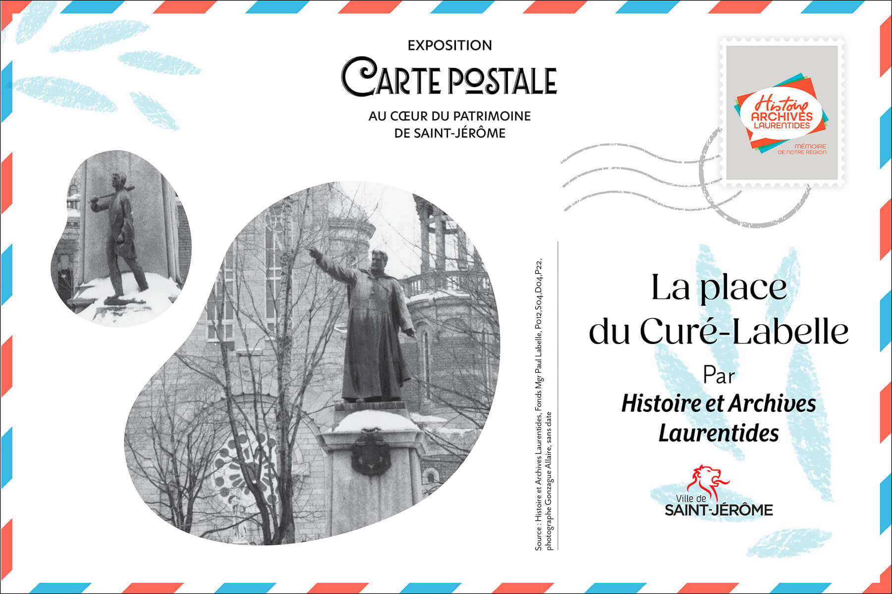 Carte postale illustrée de la place du Curé-Labelle et de la cathédrale de Saint-Jérôme.