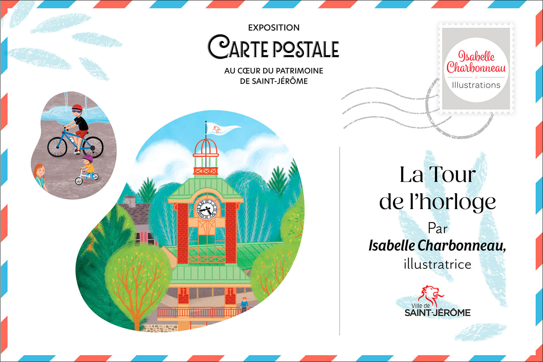 Carte postale illustrée de la Vieille Gare et de la Tour de l’horloge, repères emblématiques du centre-ville de Saint-Jérôme.